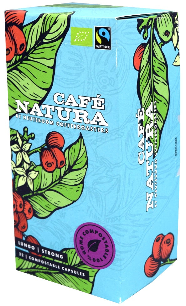 De Lekkerste Koffiebonen Cafe Natura Lungo Nespresso koffiecups, 22 stuks, met een elegante verpakking en koffiebonen artwork.