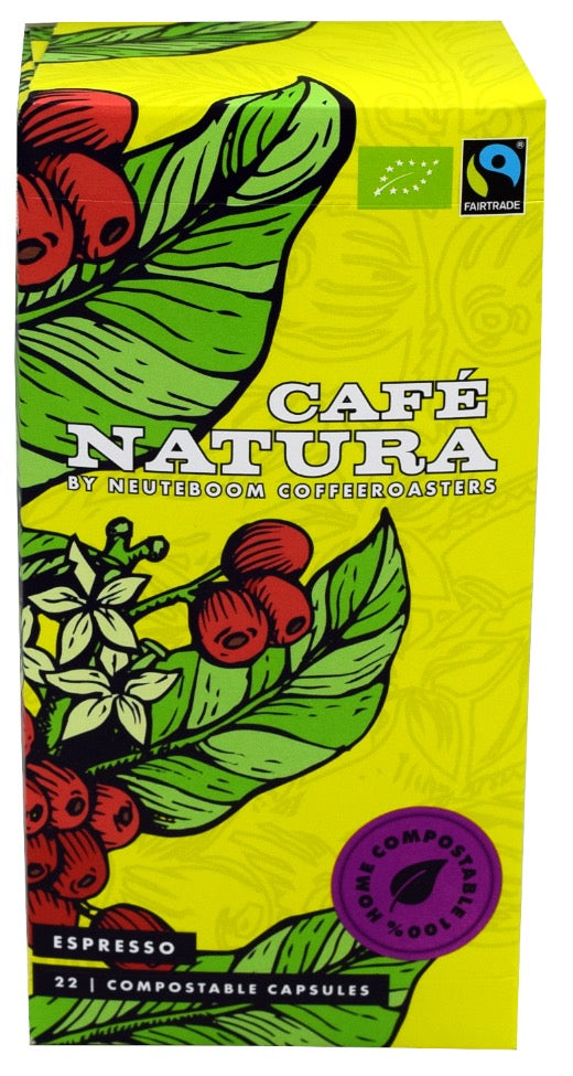 De Lekkerste Koffiebonen Cafe Natura Espresso Nespresso koffiecups, 22 stuks, in een open doos met cups zichtbaar
