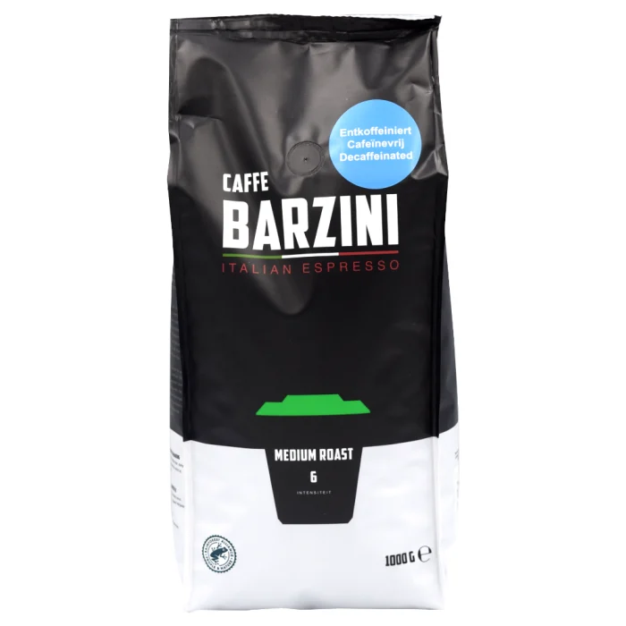 De Barzini medium roast cafeïnevrije koffiebonen in een 1 kg zak, vers en aromatisch, van De lekkerste koffiebonen.