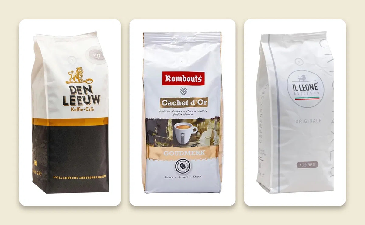 Proefpakket met drie koffiebonen smaken van De Lekkerste Koffiebonen, inclusief Den Leeuw, Il Leone en Rombouts.
